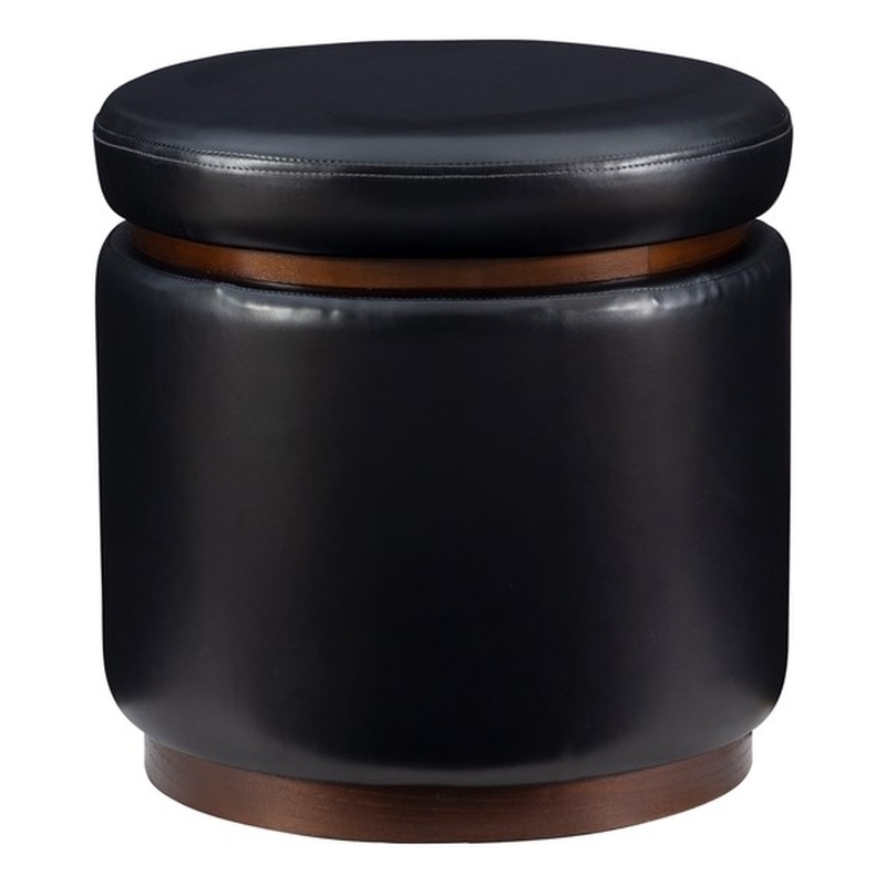 Linon Hawn Round Padded Storage Ottoman Dark Wood Trim in Black Faux Leather