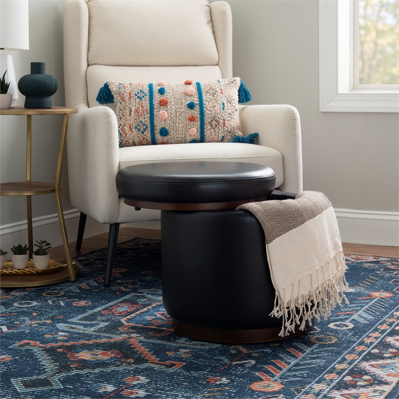 Linon Hawn Round Padded Storage Ottoman Dark Wood Trim in Black Faux Leather