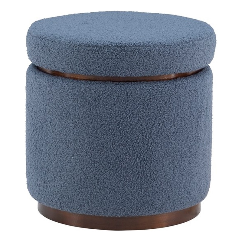 Linon Hawn Round Padded Storage Ottoman Dark Wood Trim in Blue Gray Sherpa