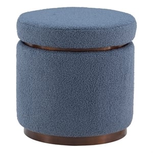 Linon Hawn Round Padded Storage Ottoman Dark Wood Trim in Blue Gray Sherpa