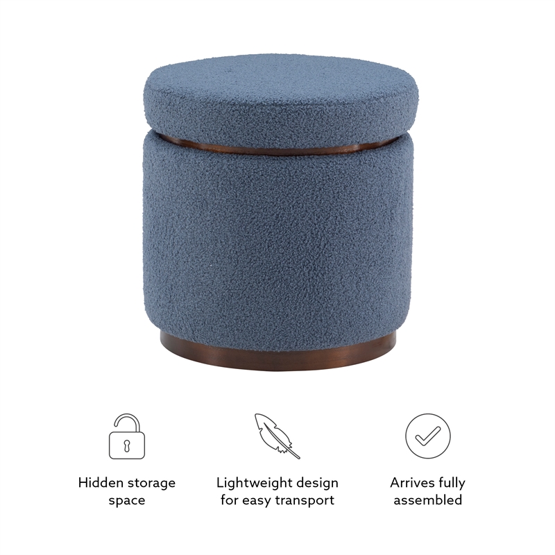Linon Hawn Round Padded Storage Ottoman Dark Wood Trim in Blue Gray Sherpa