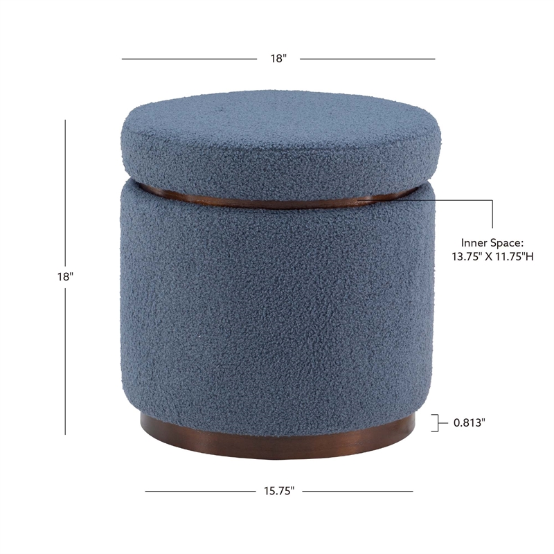 Linon Hawn Round Padded Storage Ottoman Dark Wood Trim in Blue Gray Sherpa