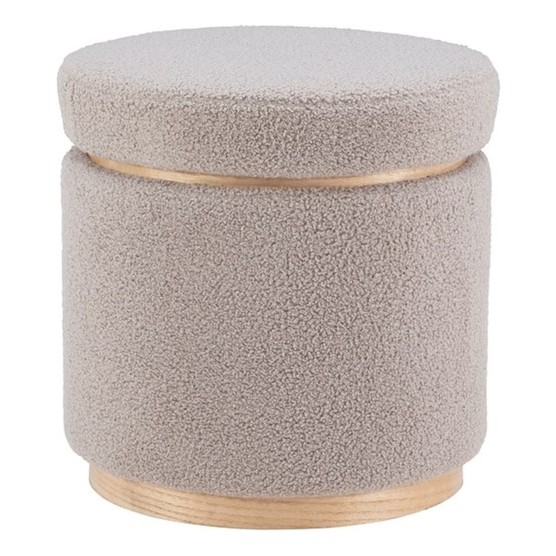 Linon Hawn Round Padded Storage Ottoman Light Wood Trim in Gray Sherpa Fabric