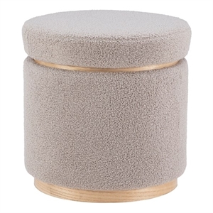 Linon Hawn Round Padded Storage Ottoman Light Wood Trim in Gray Sherpa Fabric