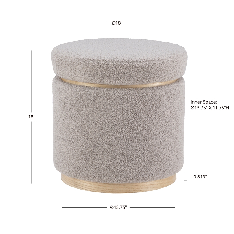 Linon Hawn Round Padded Storage Ottoman Light Wood Trim in Gray Sherpa Fabric