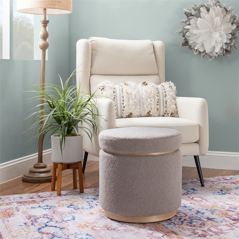 Linon Hawn Round Padded Storage Ottoman Light Wood Trim in Gray Sherpa Fabric