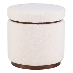 Linon Hawn Round Padded Storage Ottoman Dark Wood Trim in Natural Sherpa Fabric
