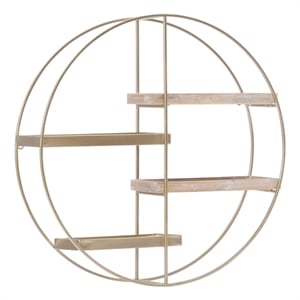 Linon Kenson Round Metal and Greywashed Wood Four Shelf Wall Storage in Gold