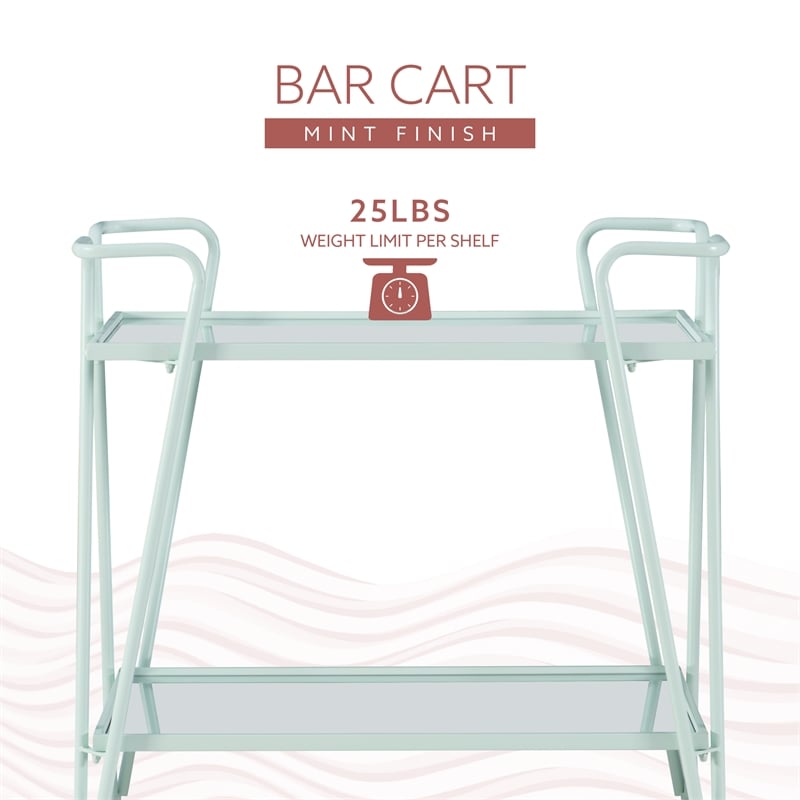 Linon Mia Metal and Mirrored Mid Century 2 Level Rolling Bar Cart in Mint Green