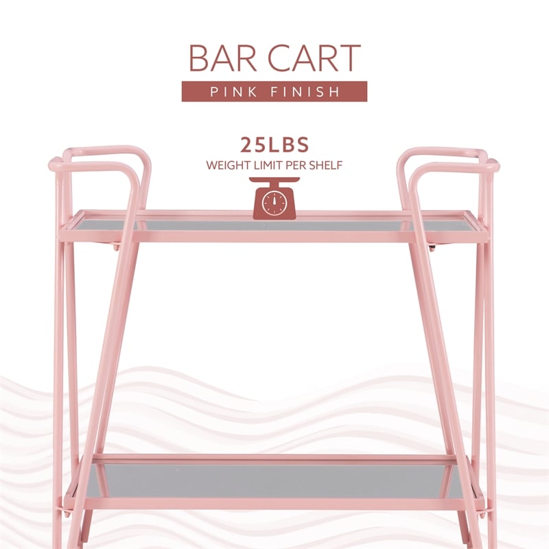 Linon Mia Metal and Mirrored Mid Century 2 Level Rolling Bar Cart in Pink