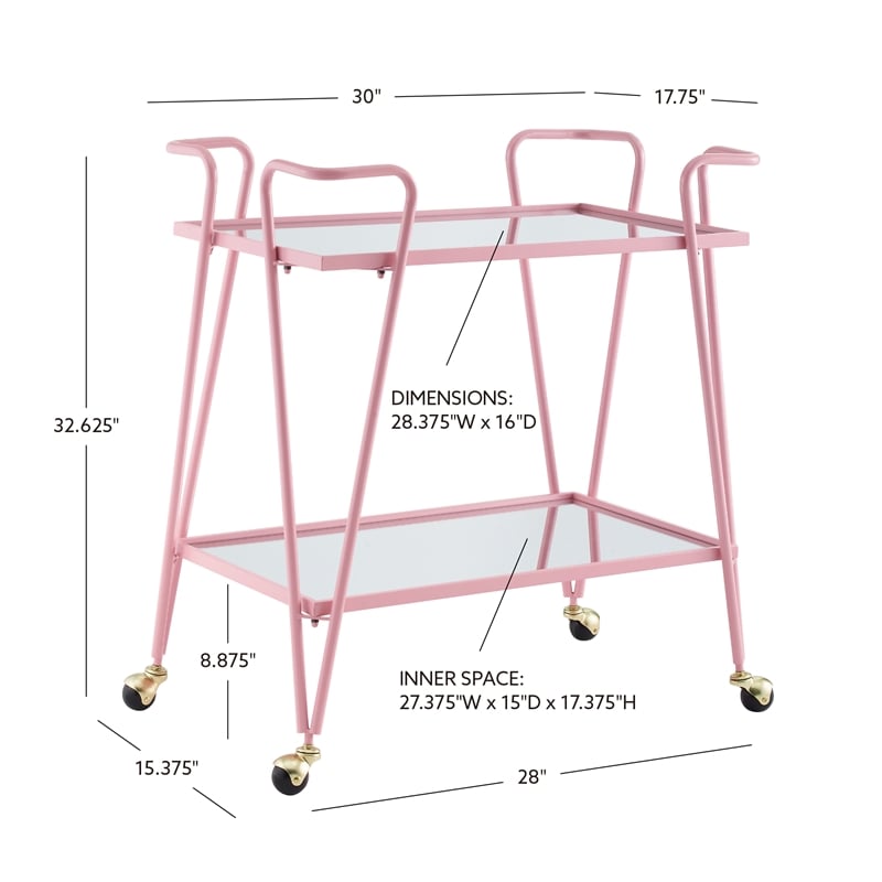 Linon Mia Metal and Mirrored Mid Century 2 Level Rolling Bar Cart in Pink