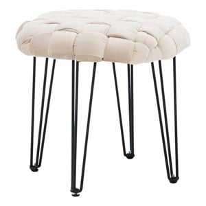 Linon Henson Round Stool Black Hairpin Legs Basketweave Seat in Cream Velvet