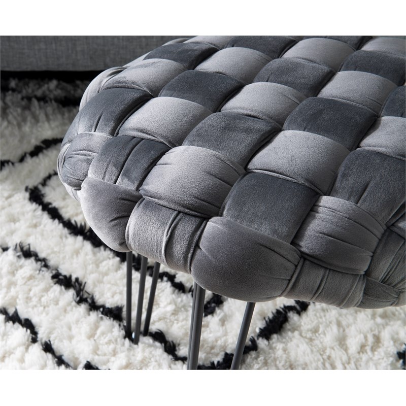 Linon Henson Round Stool Black Hairpin Legs Basketweave Seat in Gray