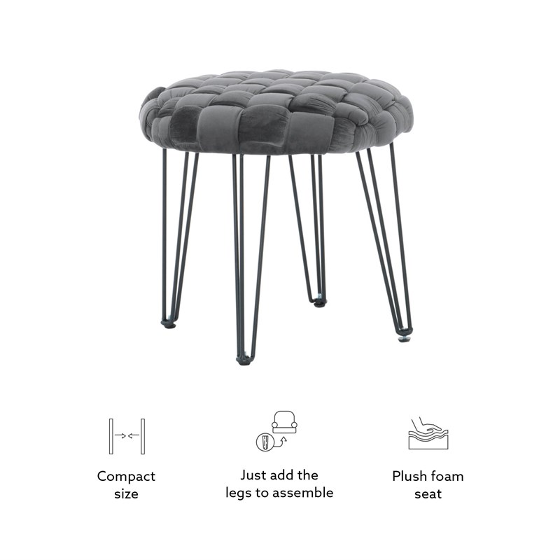 Linon Henson Round Stool Black Hairpin Legs Basketweave Seat in Gray
