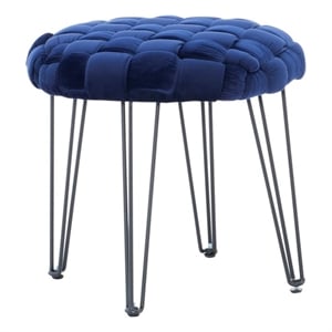 Linon Henson Round Stool Black Hairpin Legs Basketweave Seat in Navy Blue Velvet