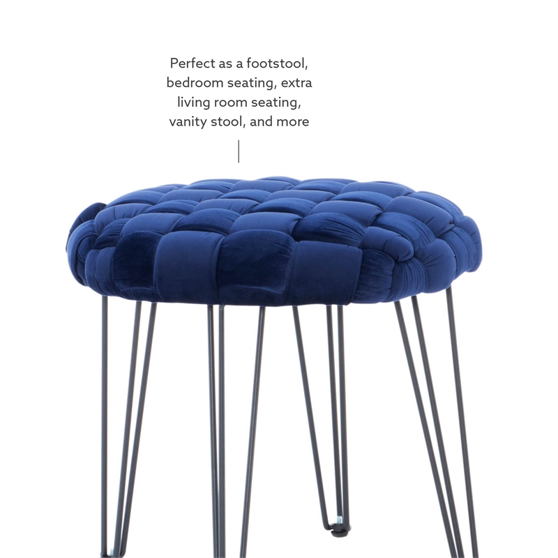 Linon Henson Round Stool Black Hairpin Legs Basketweave Seat in Navy Blue Velvet