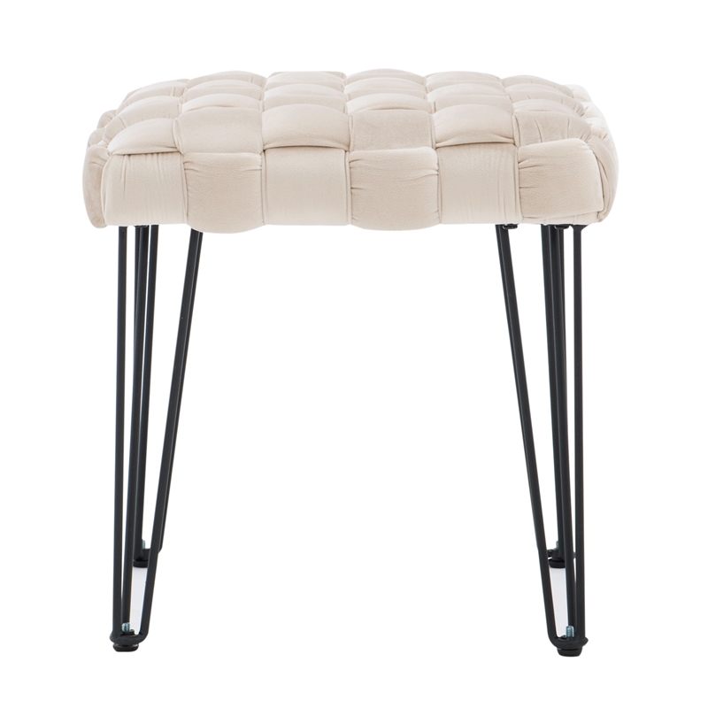 Linon Henson Square Stool Black Hairpin legs Basketweave Seat in Cream Velvet