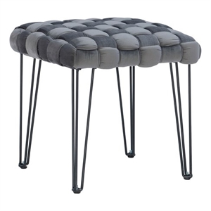 Linon Henson Square Stool Black Hairpin Legs Basketweave Seat in Gray Velvet