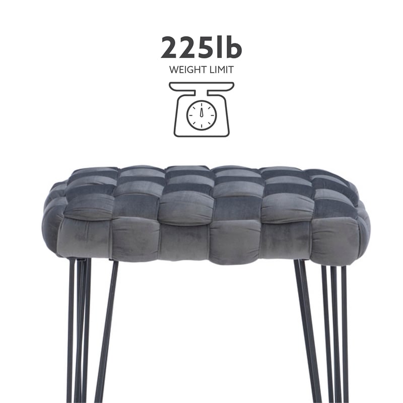 Linon Henson Square Stool Black Hairpin Legs Basketweave Seat in Gray Velvet