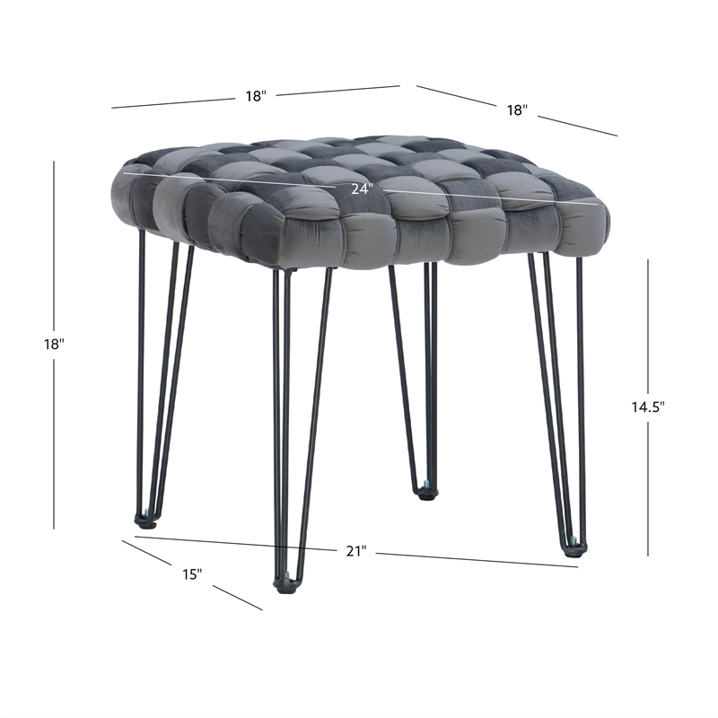 Linon Henson Square Stool Black Hairpin Legs Basketweave Seat in Gray Velvet