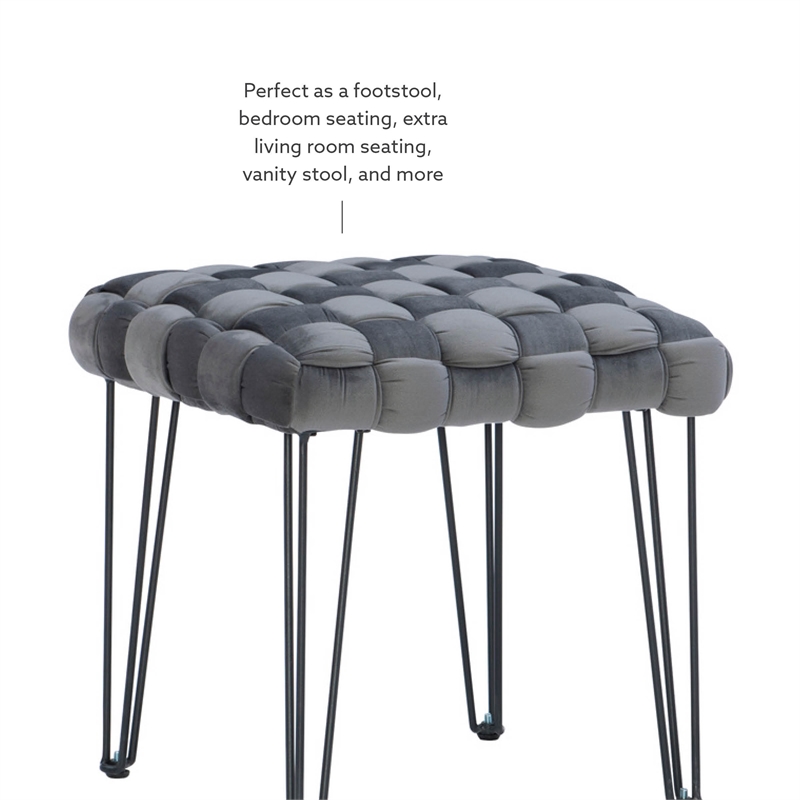 Linon Henson Square Stool Black Hairpin Legs Basketweave Seat in Gray Velvet
