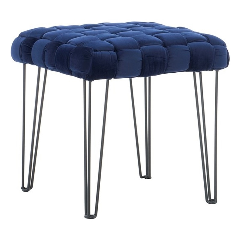 Linon Henson Square Stool Black Hairpin Legs Basketweave Seat in Navy Velvet
