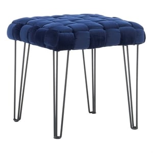 Linon Henson Square Stool Black Hairpin Legs Basketweave Seat in Navy Velvet