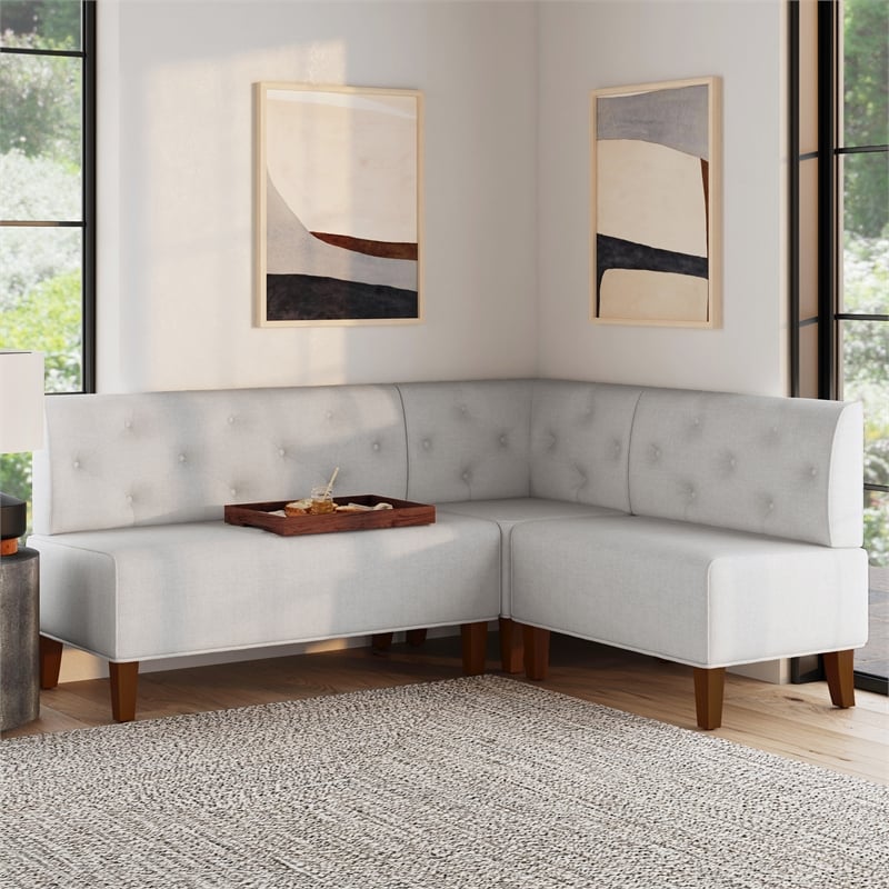 Linon Hale Tufted Back Fully Upholstered Corner Nook Bench in Light Grey Fabric