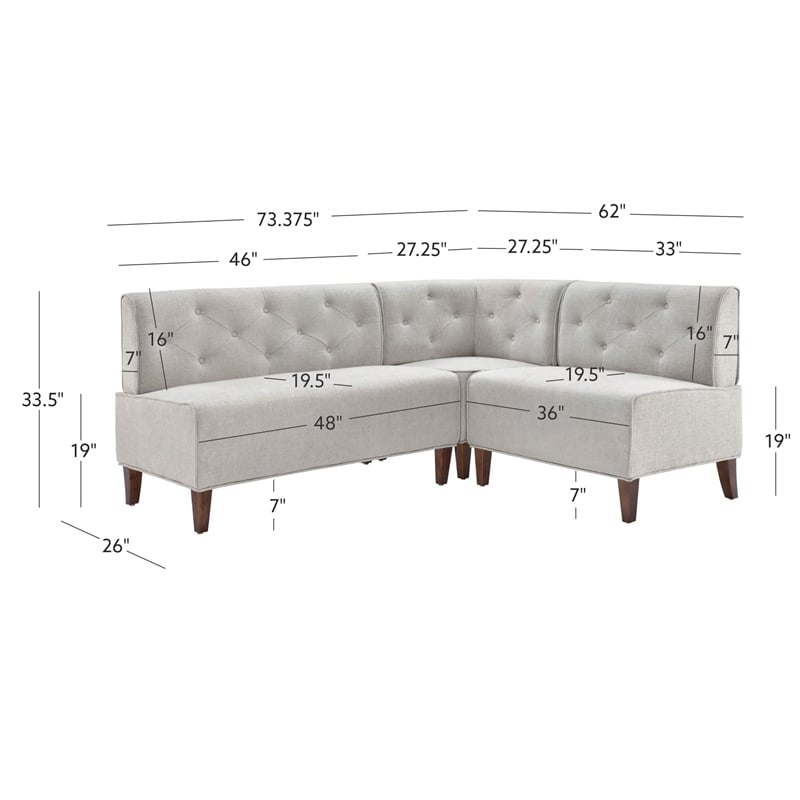 Linon Hale Tufted Back Fully Upholstered Corner Nook Bench in Light Grey Fabric