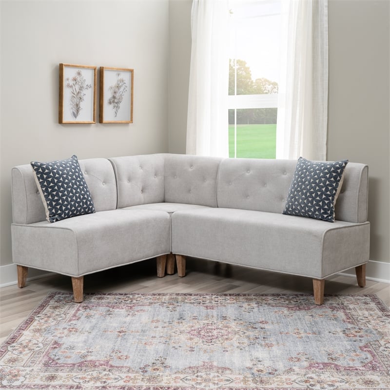 Linon Hale Tufted Back Fully Upholstered Corner Nook Bench in Light Grey Fabric