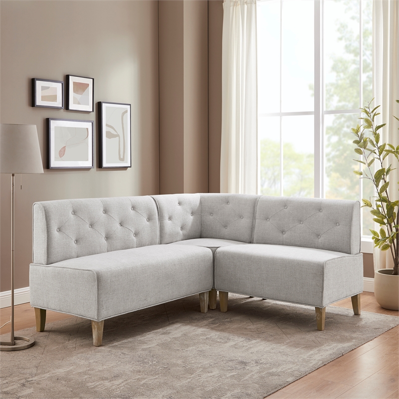 Linon Hale Tufted Back Fully Upholstered Corner Nook Bench in Light Grey Fabric