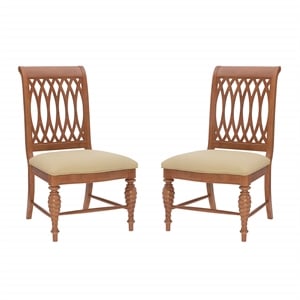 Linon Madson Set of 2 Dining Chairs Tan Faux Leather Seats in Brown Stained Wood