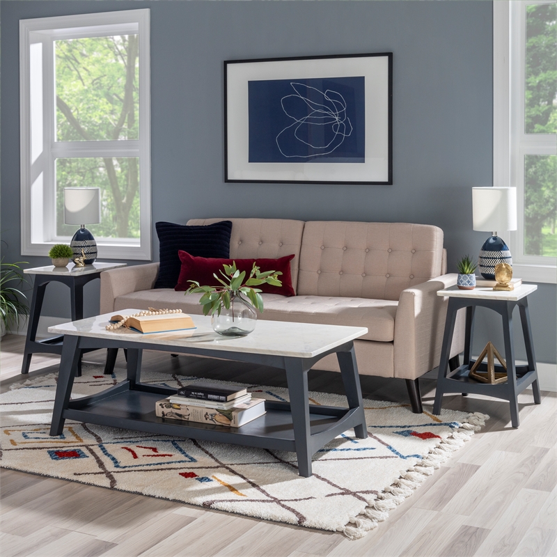 Linon Pace Coffee Table White Marble Top Wood Base/Shelf in Rustic Gray Finish