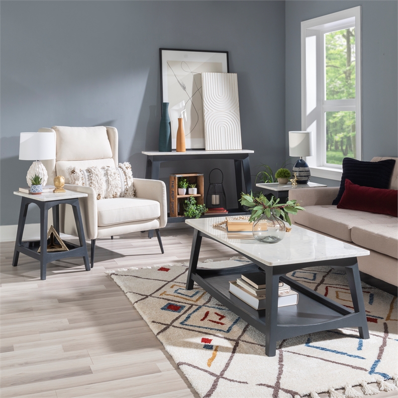 Linon Pace Coffee Table White Marble Top Wood Base/Shelf in Rustic Gray Finish