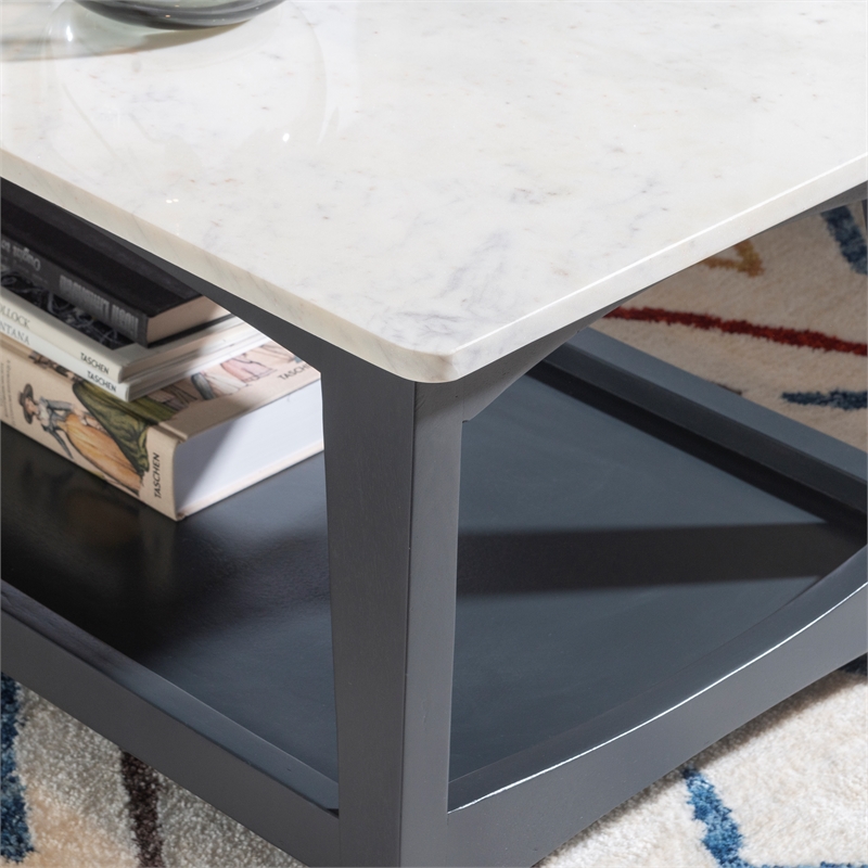 Linon Pace Coffee Table White Marble Top Wood Base/Shelf in Rustic Gray Finish