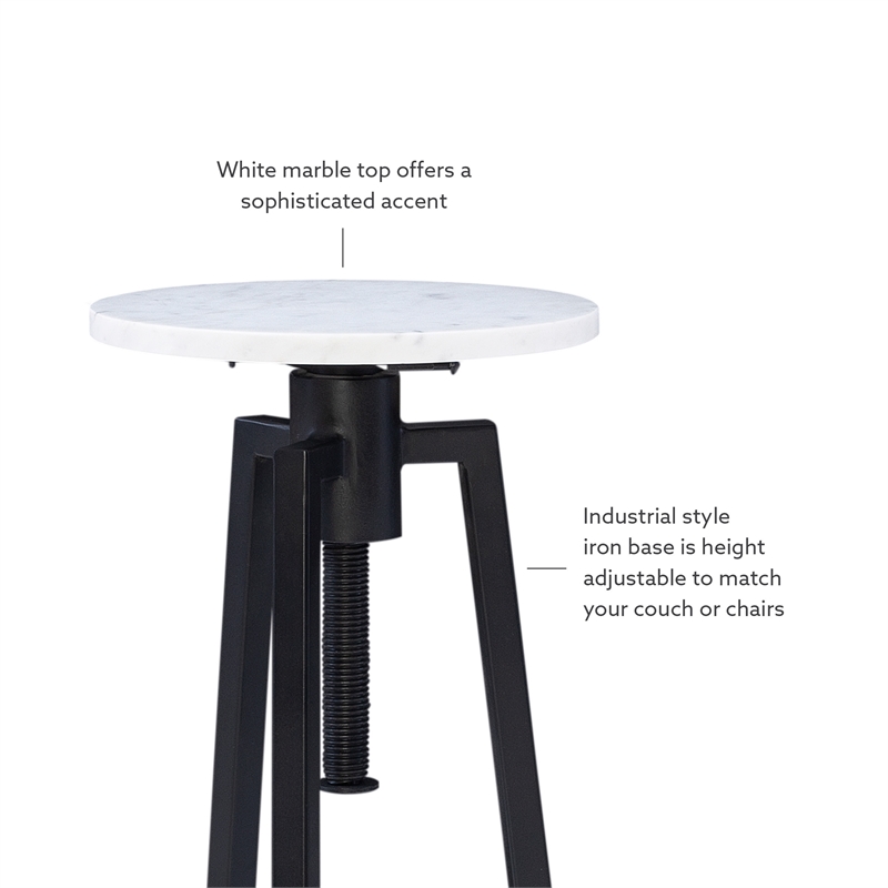 Linon Farren Adjustable Metal and Marble Drink Table in Black and White