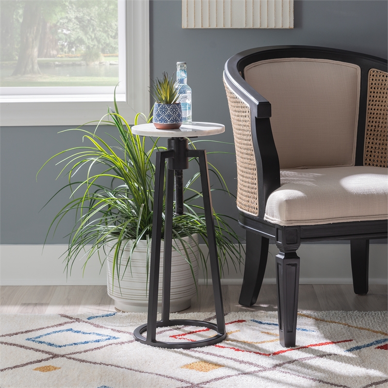 Linon Farren Adjustable Metal and Marble Drink Table in Black and White