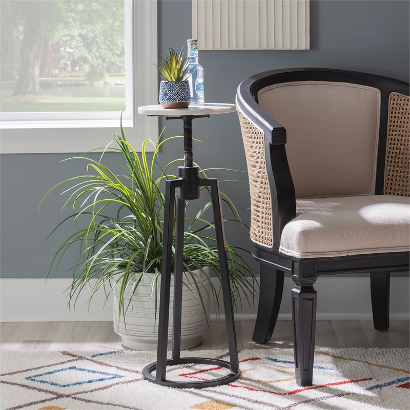 Linon Farren Adjustable Metal and Marble Drink Table in Black and White