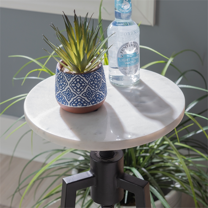 Linon Farren Adjustable Metal and Marble Drink Table in Black and White