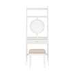 Linon Mandy Leaning Vanity Padded Stool Round Mirror & Drawer in White Wood