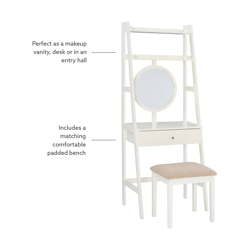 Linon Mandy Leaning Vanity Padded Stool Round Mirror & Drawer in White Wood