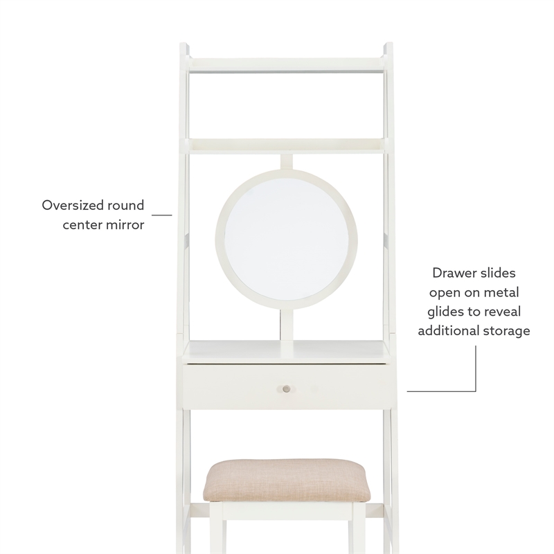 Linon Mandy Leaning Vanity Padded Stool Round Mirror & Drawer in White Wood