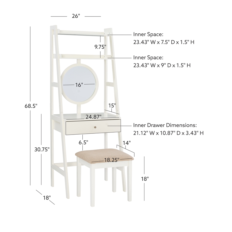 Linon Mandy Leaning Vanity Padded Stool Round Mirror & Drawer in White Wood