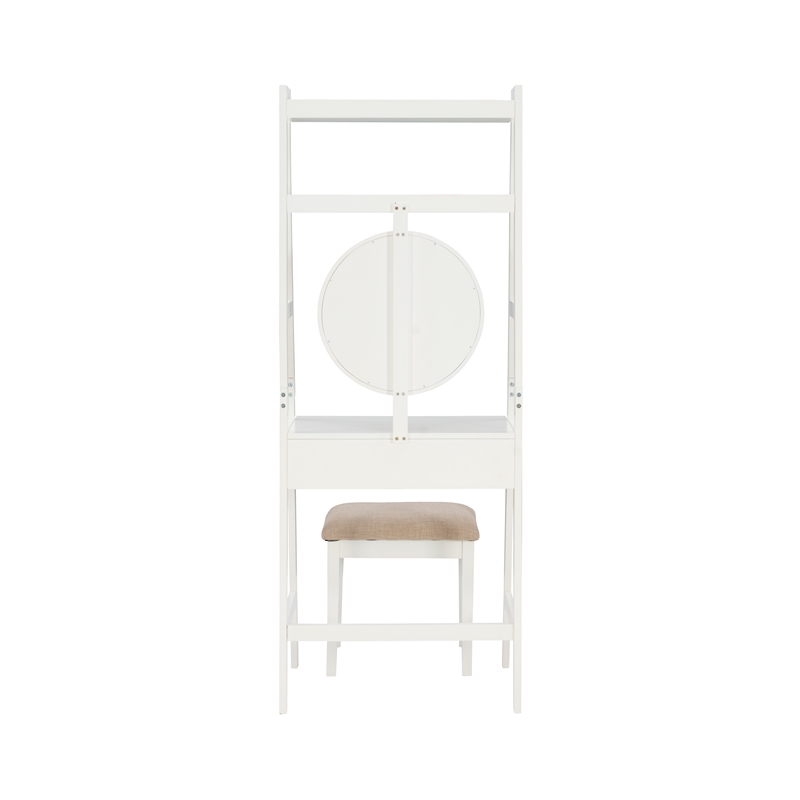 Linon Mandy Leaning Vanity Padded Stool Round Mirror & Drawer in White Wood