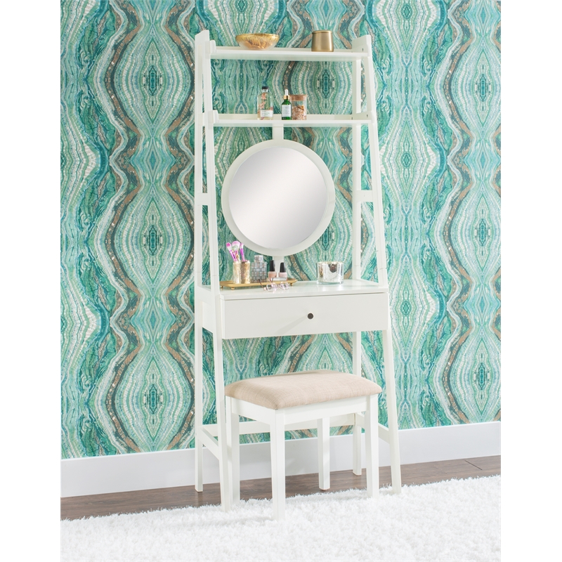 Linon Mandy Leaning Vanity Padded Stool Round Mirror & Drawer in White Wood