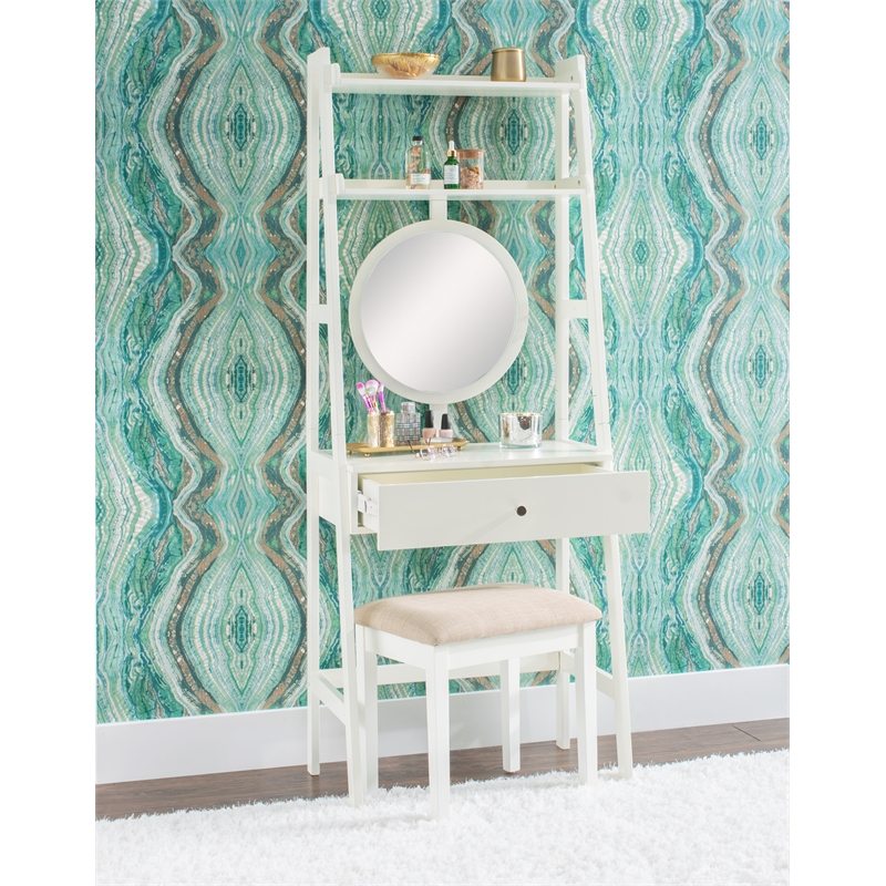 Linon Mandy Leaning Vanity Padded Stool Round Mirror & Drawer in White Wood