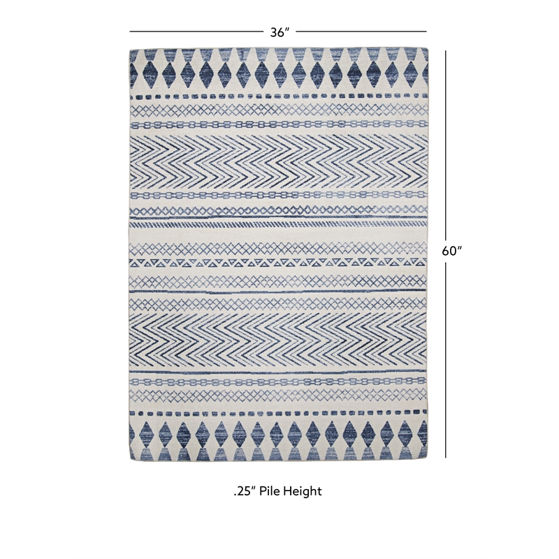 Linon Indoor Outdoor Machine Washable Skip Accent 3'x5' Rug in Ivory and Blue