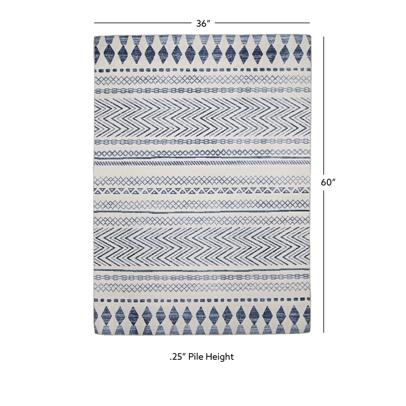 Linon Indoor Outdoor Machine Washable Skip Accent 3'x5' Rug in Ivory and Blue