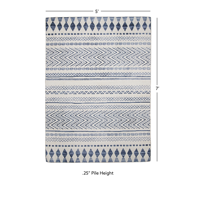 Linon Indoor Outdoor Machine Washable Skip Area 5'x7' Rug in Ivory and Blue
