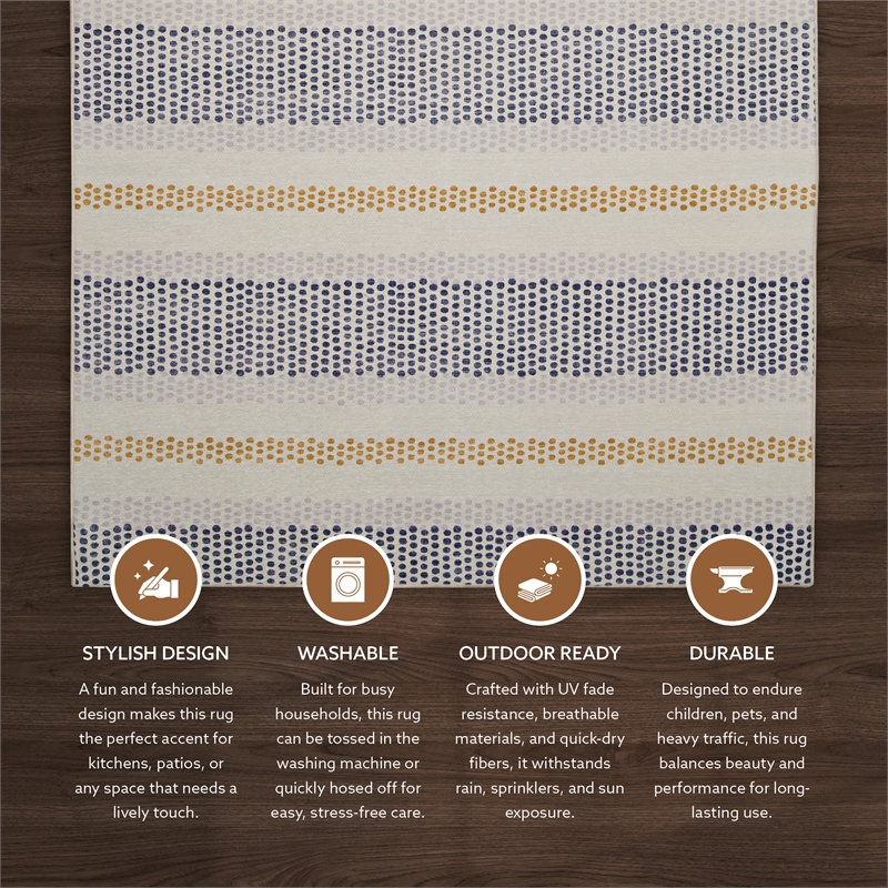 Linon Indoor Outdoor Machine Washable Alfie Area 5'x7' Rug in Ivory and Blue